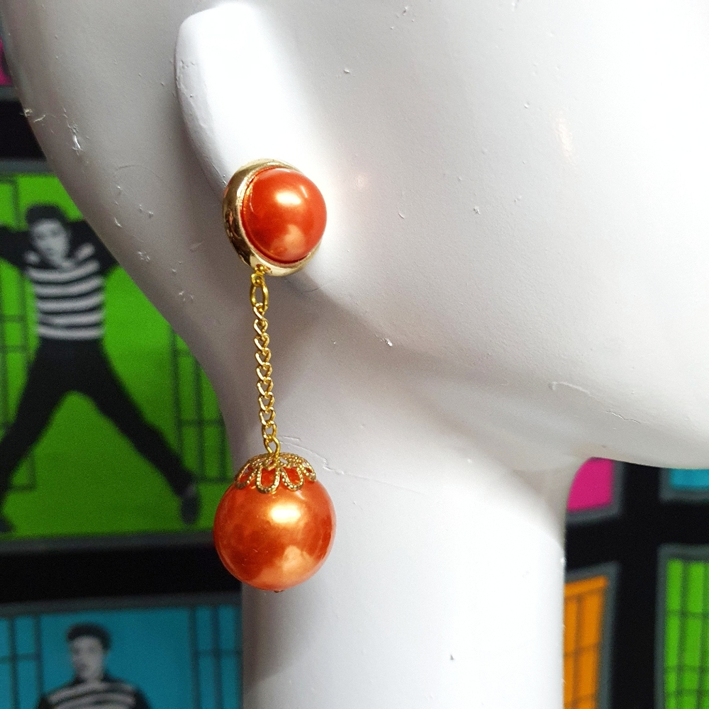 80's Orange Faux Pearls Ball Dangle Earings